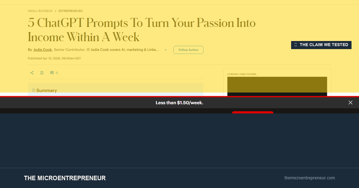 Forbes article headline: 5 ChatGPT Prompts To Turn Your Passion Into Income Within A Week, by Jodie Cook